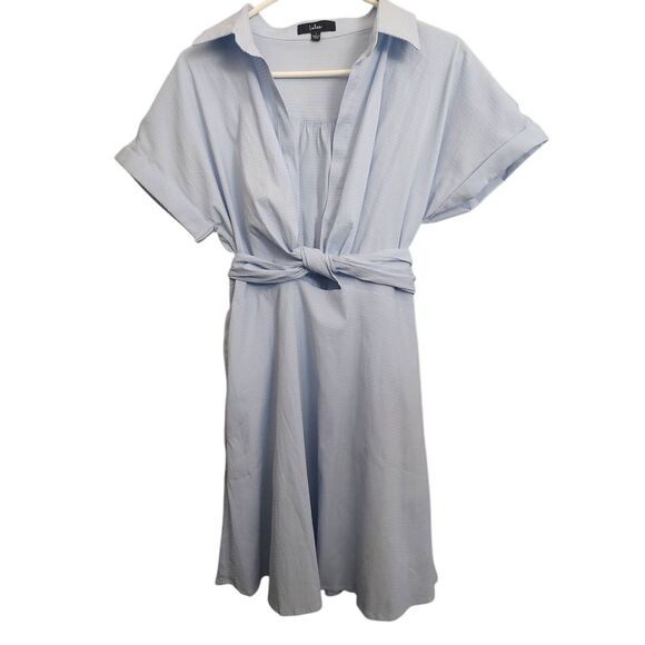 Lulus Size Large Blue Seersucker Short Sleeve Tie Front Bow Back Mini Dress - Picture 3 of 12